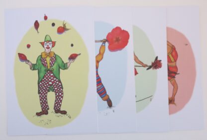 Set van 4 circuskaarten clown gewichtheffer koorddanseres trapeze