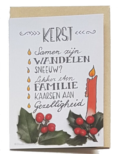 kerst kerstkaart kerststuk hulst gezellig kaars familie gezelligheid sneeuw wandelen samen eten