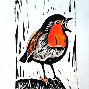 robin roodborstje vogel blockprint art kunst lino linosnede