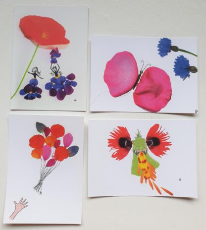 ansichtkaart postcard set flowerpetals bloemen vlinder draak meisjes ballonnen balloons dragon girls butterfly