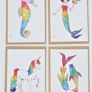 ansichtkaart postcard rainbow regenboog eenhoorn unicorn zeemeermin zeepaardje seahorse mermaid koikarpers carp