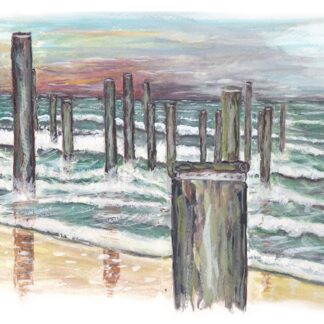 palendorp petten palen in zee shore sea beach strand poles seashore aquarel painting