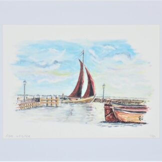 artprint kunst aquarel watercolor art landscape zeilboot haven volendam markermeer sailing sailboat boot boat harbour hollandse luchten