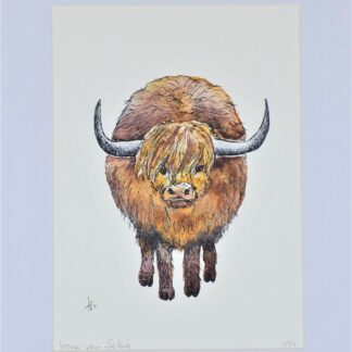 artprint kunst aquarel watercolor art schotse hooglander koe rund os scottish highlander cow horns