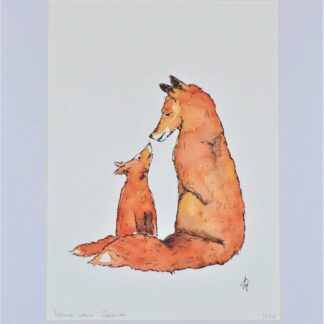 artprint kunst aquarel watercolor art fox foxes vos vossen vosjes vosje jong rekel welp motherfox childfox littlefox little mother