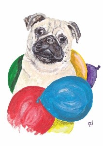 ansichtkaart postcard hond dog pug mopshond ballonnen verjaardag birthday