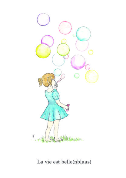ansichtkaart postcard nice and fun drawing sweet la vie est belle het leven is mooi bellenblaas meisje little girl blowing bubbles